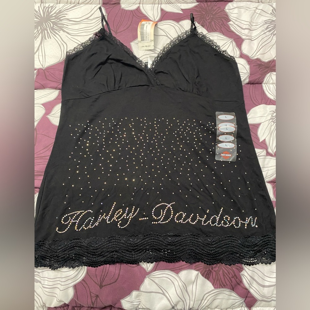 Harley Davidson Black lace cami with rhinestones